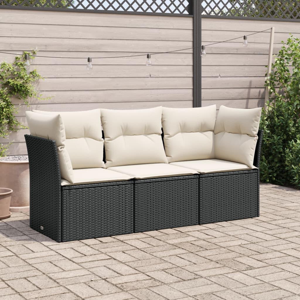 Set mobilier de gradina cu perne, 3 piese, negru, poliratan — imaginea 2