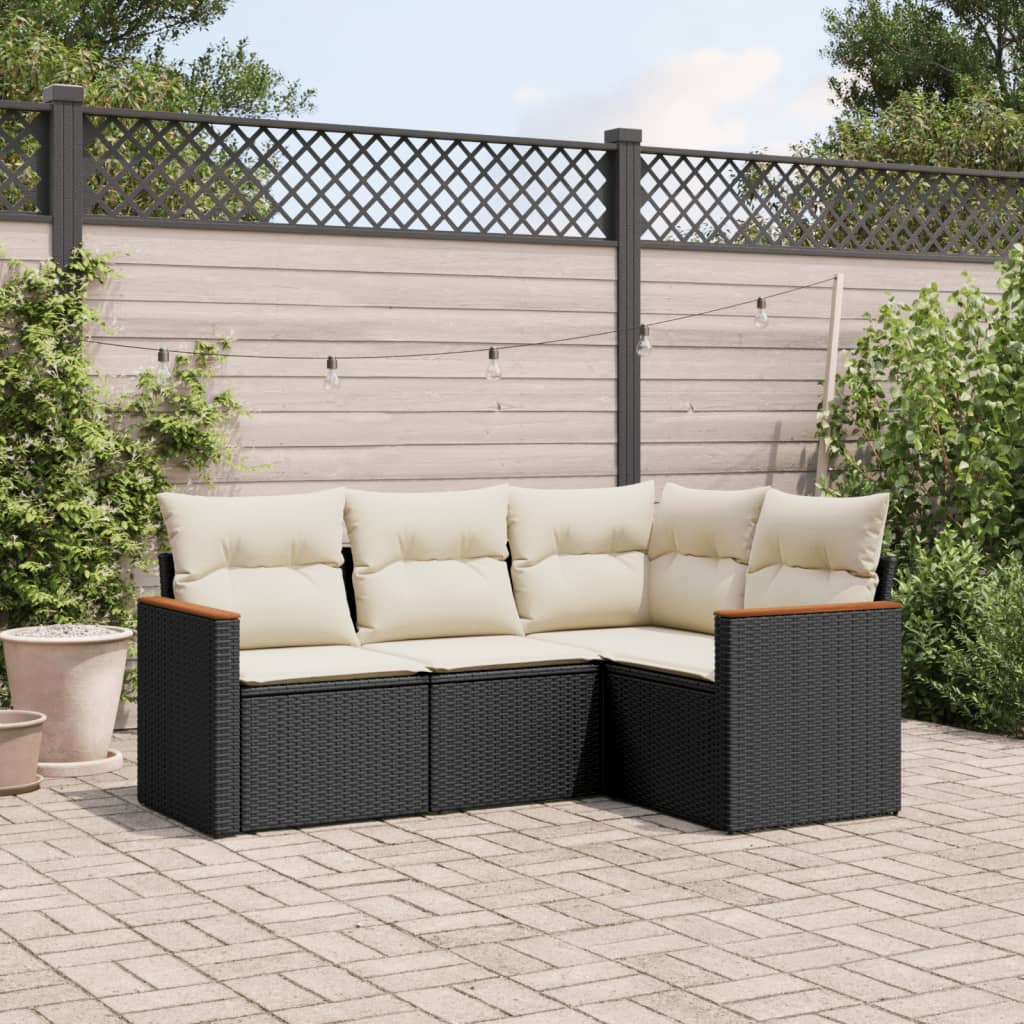Set mobilier de gradina cu perne, 4 piese, negru, poliratan — imaginea 2