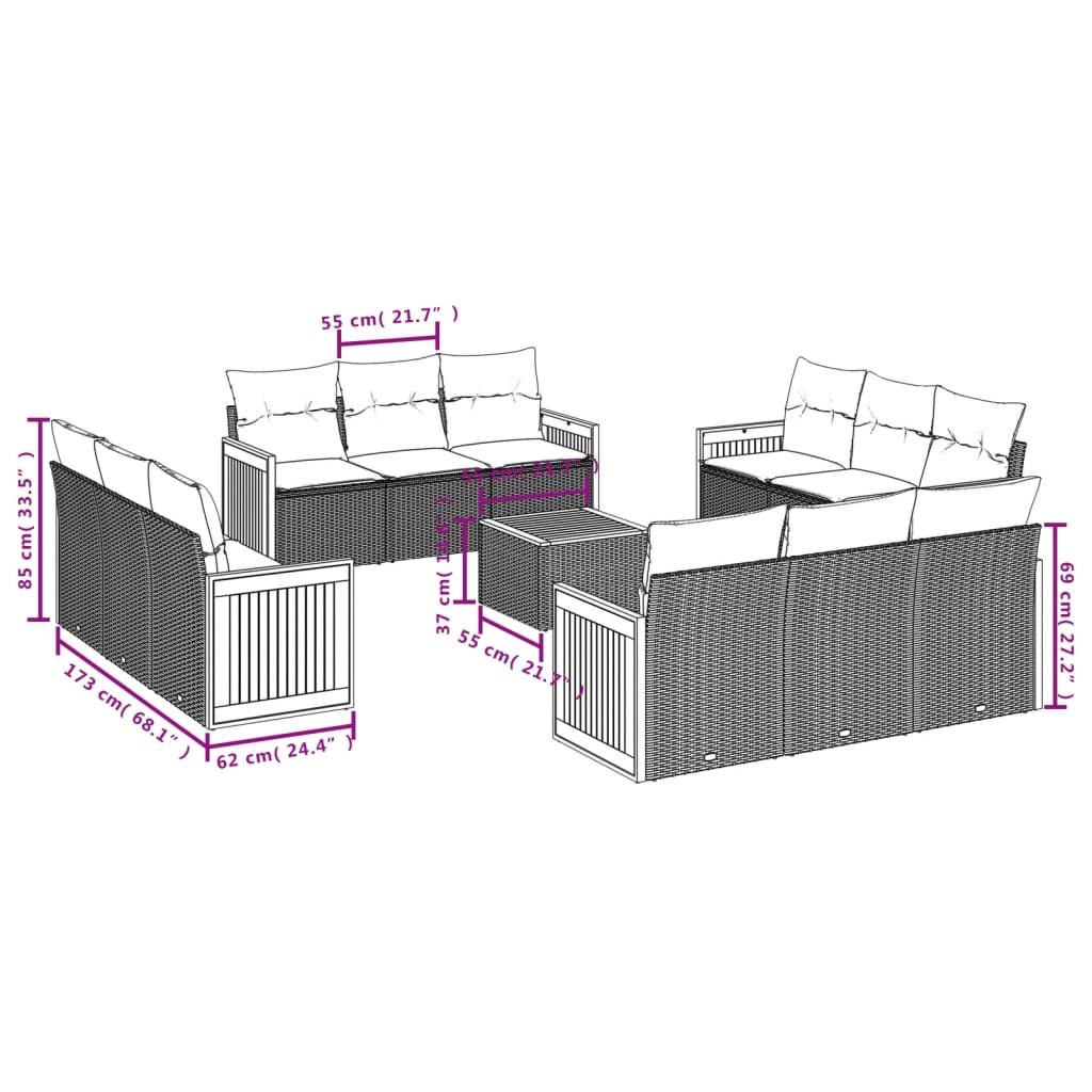Set mobilier de gradina cu perne, 13 piese, negru, poliratan — imaginea 3