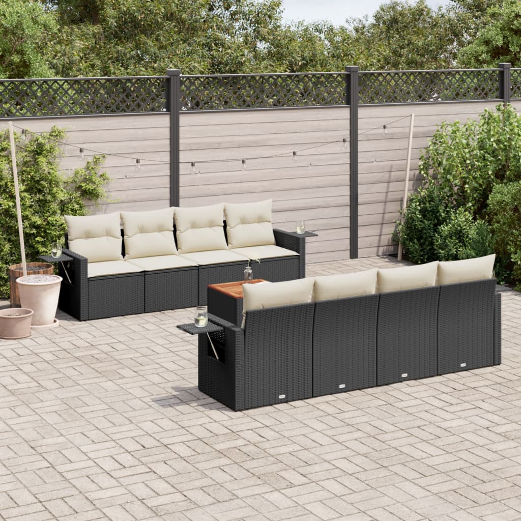 Set mobilier de gradina cu perne, 9 piese, negru, poliratan — imaginea 2