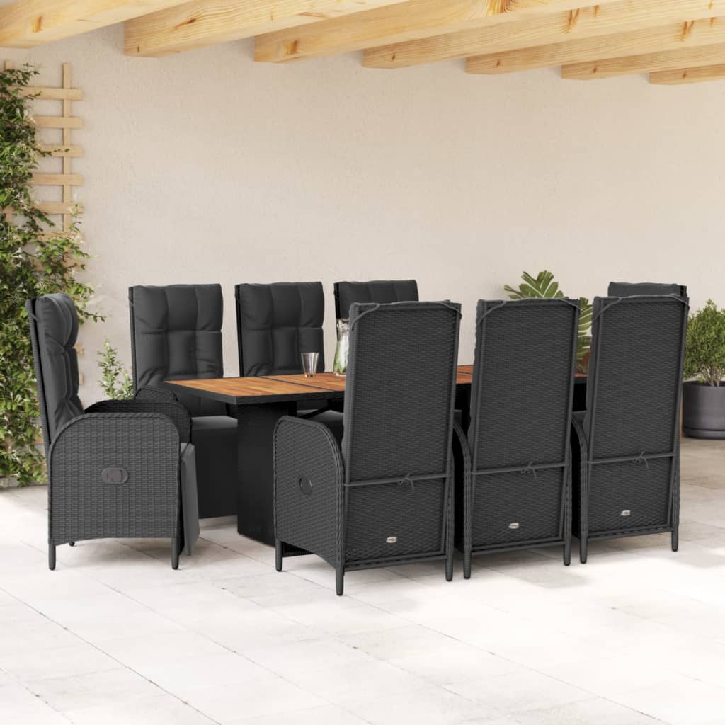 Set mobilier de gradina cu perne, 9 piese, negru, poliratan — imaginea 2