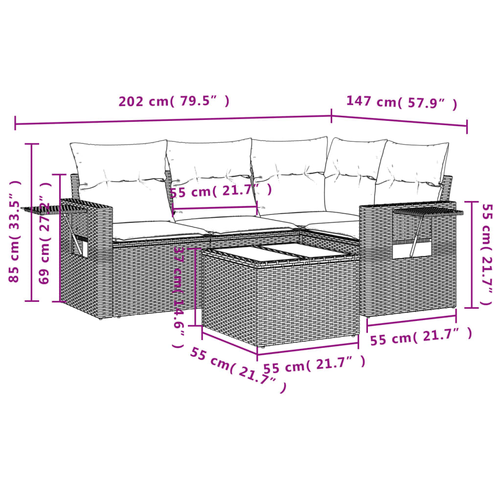 Set canapele de gradina cu perne, 5 piese, bej, poliratan — imaginea 9