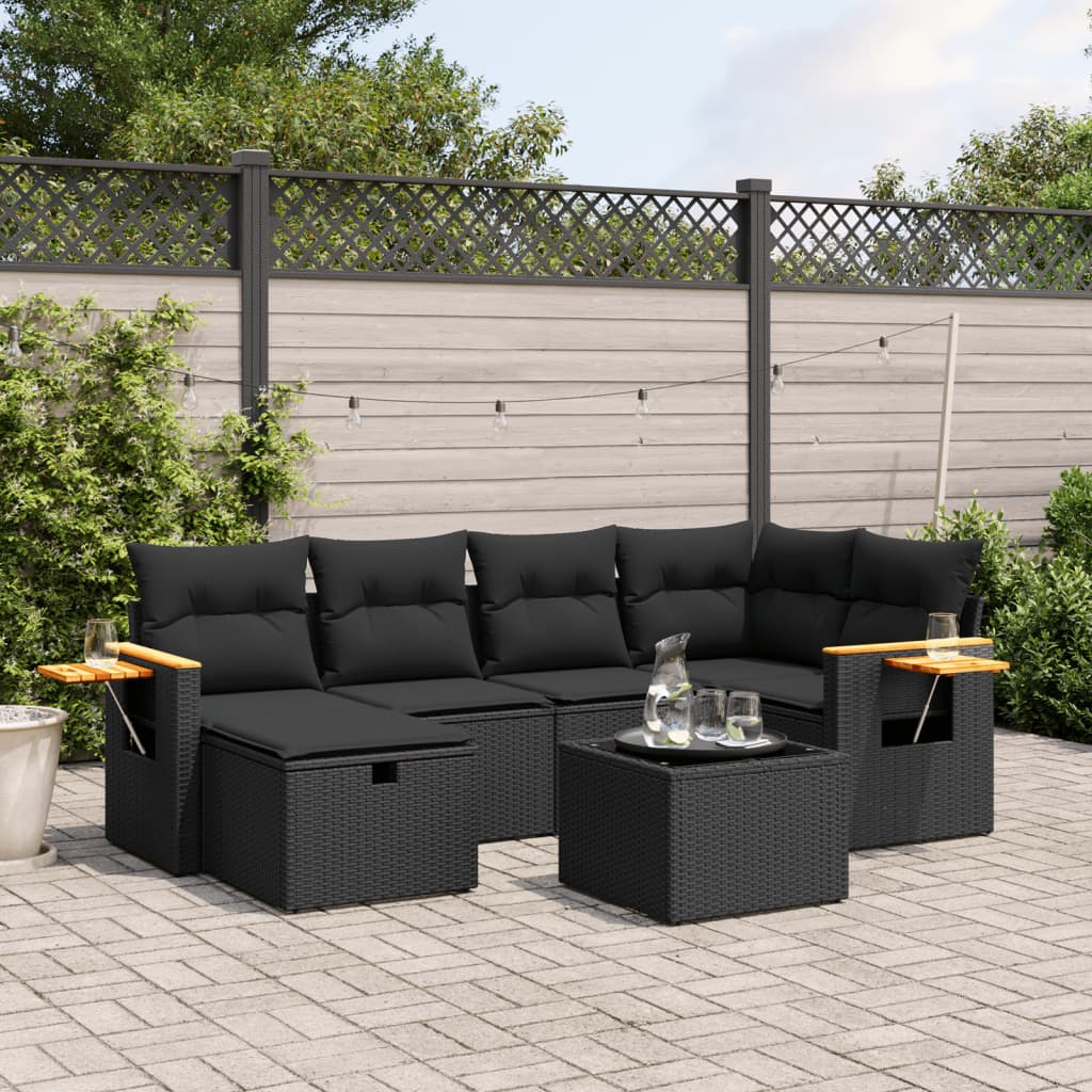 Set canapele de gradina cu perne, 7 piese, negru, poliratan — imaginea 2