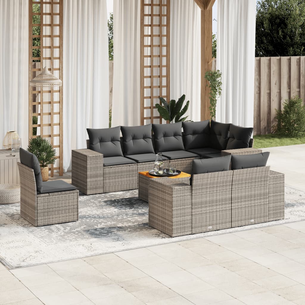 Set canapele de gradina, 9 piese, cu perne, gri, poliratan — imaginea 2