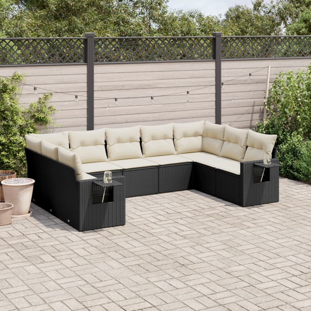 Set mobilier de gradina cu perne, 9 piese, negru, poliratan — imaginea 2