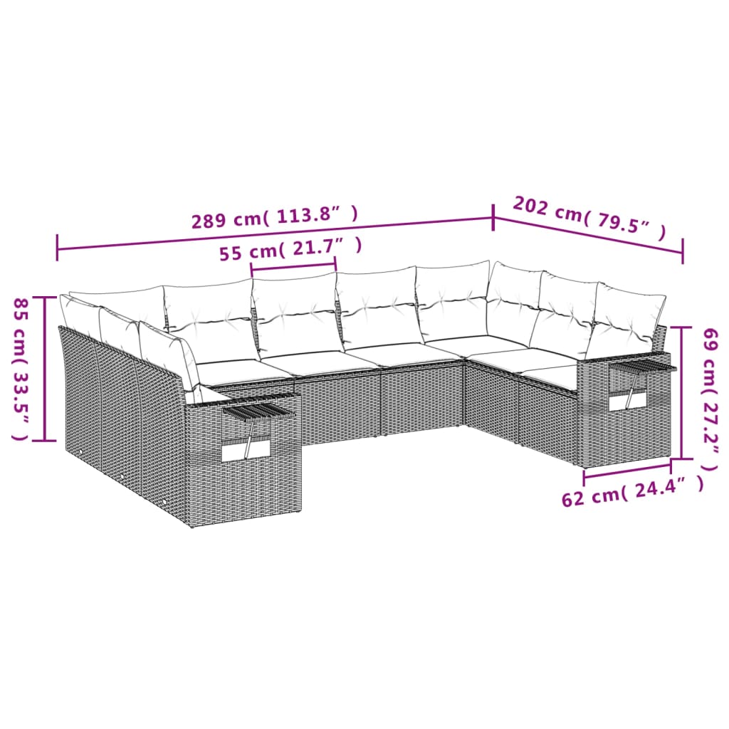 Set mobilier de gradina cu perne, 9 piese, negru, poliratan — imaginea 3