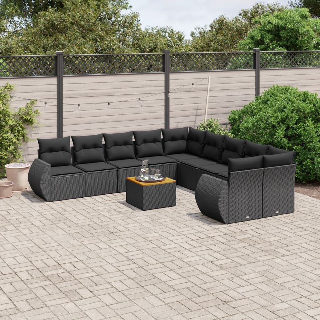 Set canapele de gradina cu perne, 11 piese, negru, poliratan — imaginea 2