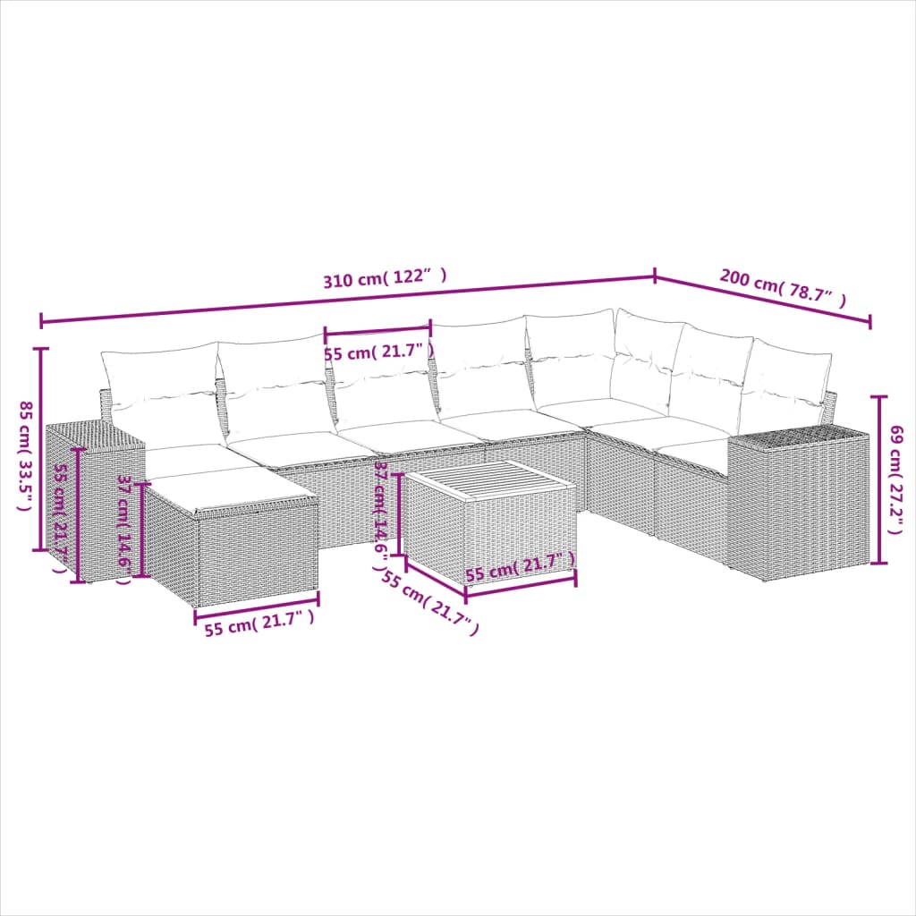 Set canapele de gradina, 9 piese, cu perne, bej, poliratan — imaginea 9