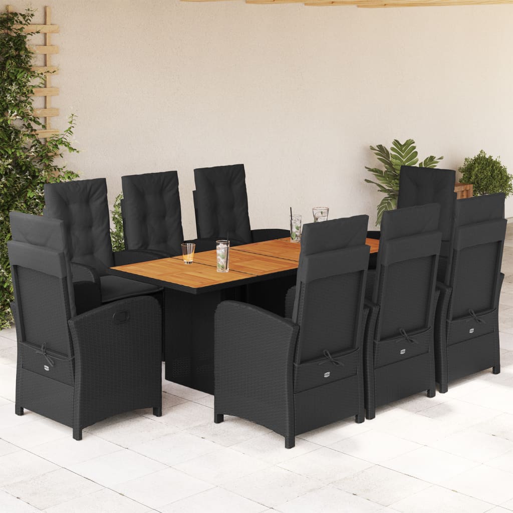 Set mobilier de gradina cu perne, 9 piese, negru, poliratan — imaginea 2