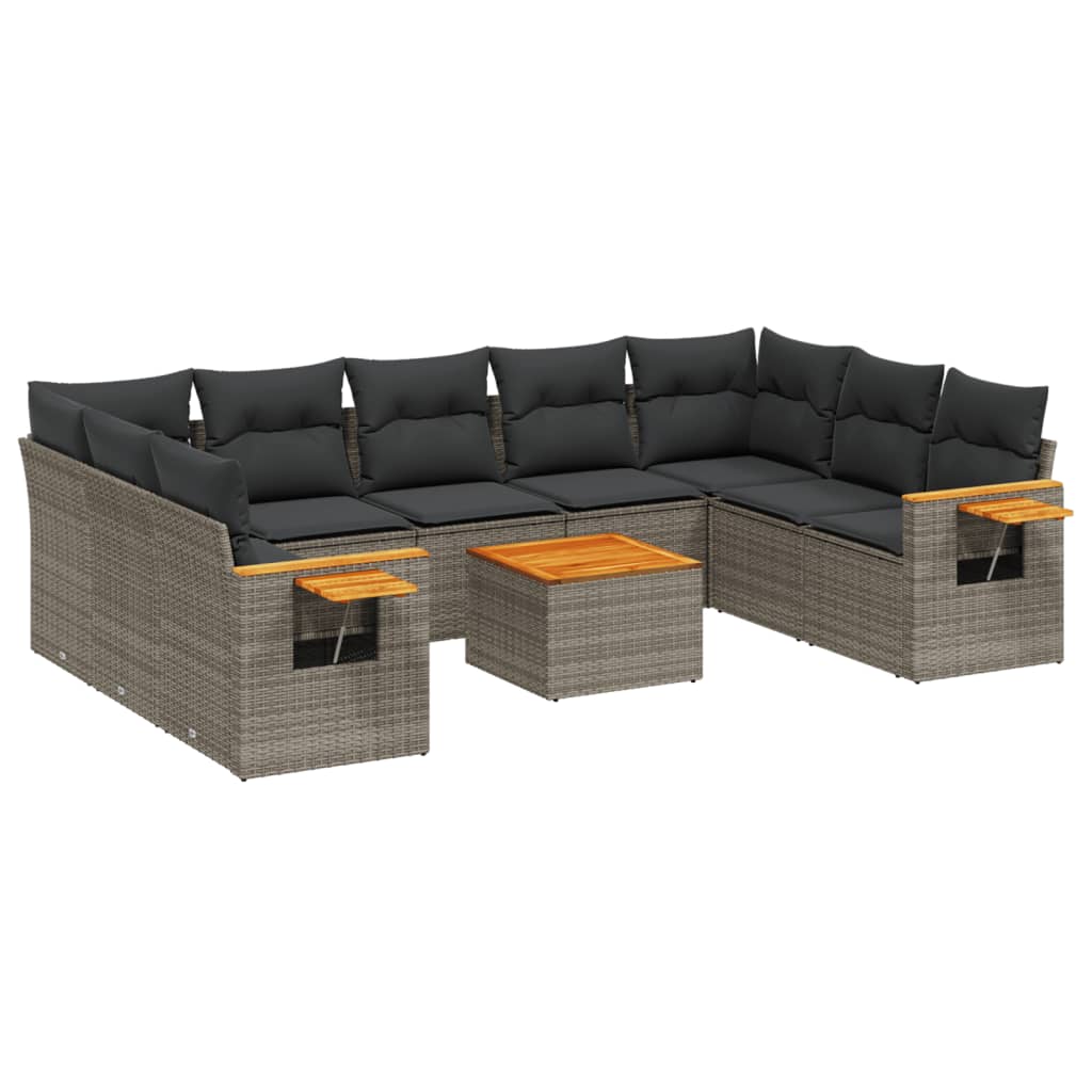 Set mobilier de gradina cu perne, 10 piese, gri, poliratan — imaginea 2