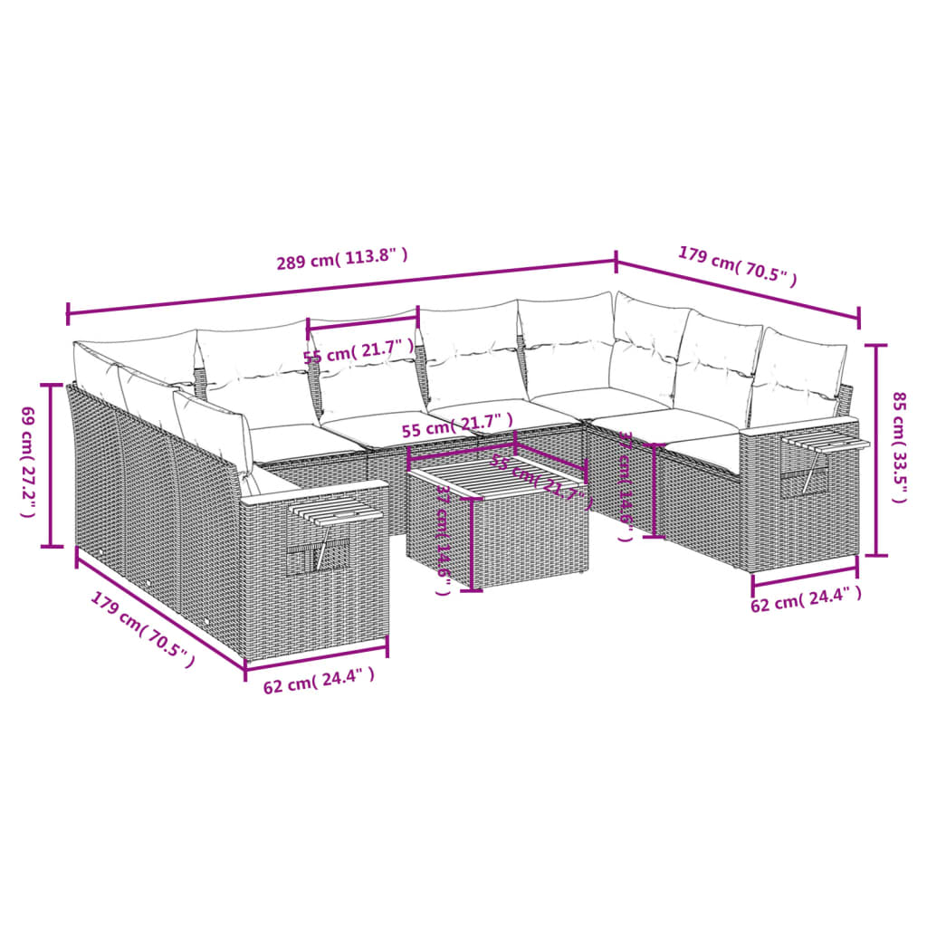 Set mobilier de gradina cu perne, 10 piese, gri, poliratan — imaginea 8