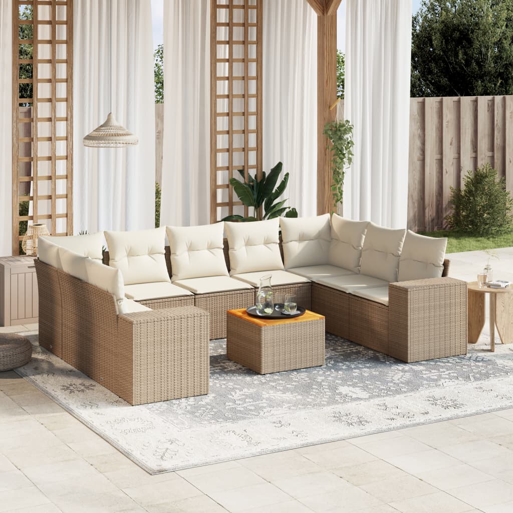 Set canapele de gradina cu perne, 10 piese, bej, poliratan — imaginea 2