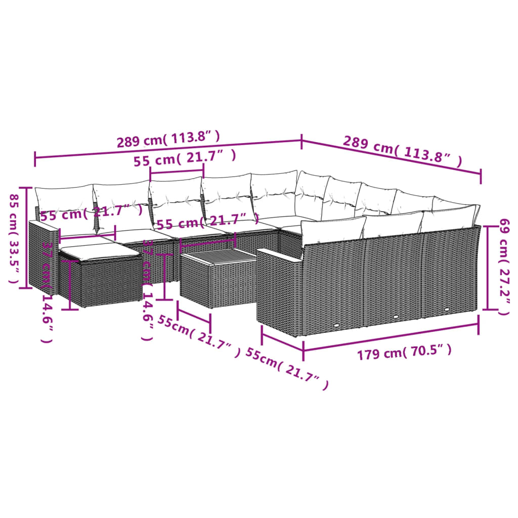 Set mobilier de gradina cu perne, 13 piese, negru, poliratan — imaginea 9