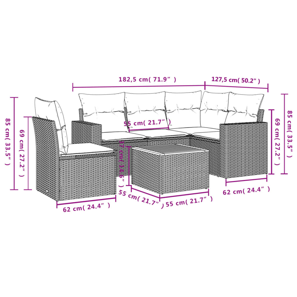 Set mobilier gradina cu perne, 6 piese, gri, poliratan — imaginea 12