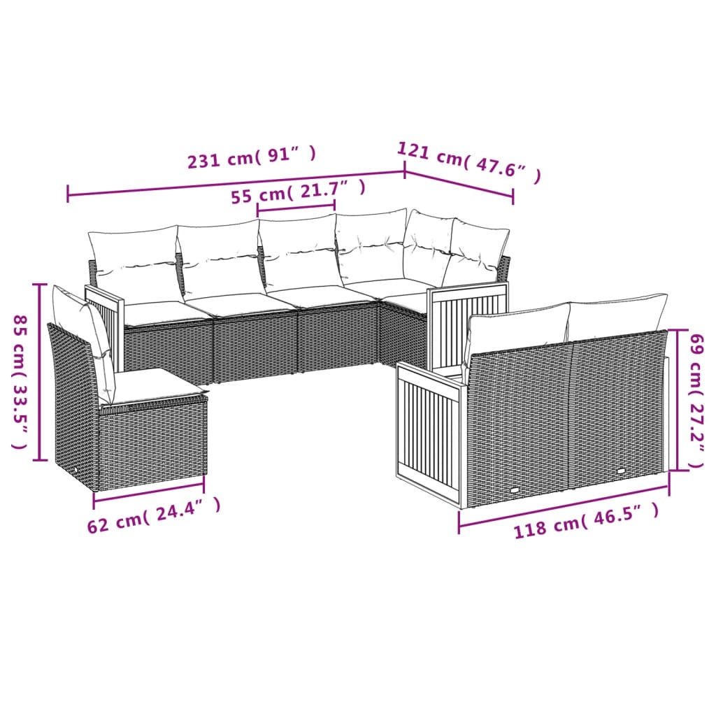 Set mobilier de gradina cu perne, 8 piese, negru, poliratan — imaginea 7