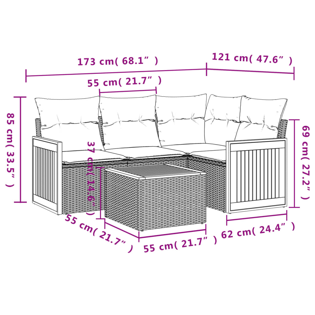 Set canapele de gradina cu perne, 5 piese, bej, poliratan — imaginea 8