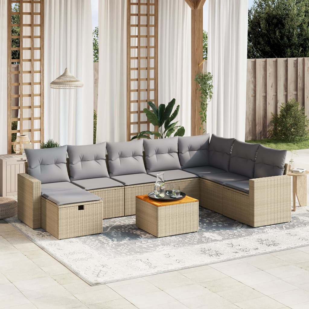 Set canapele de gradina, 9 piese, cu perne, bej, poliratan — imaginea 2