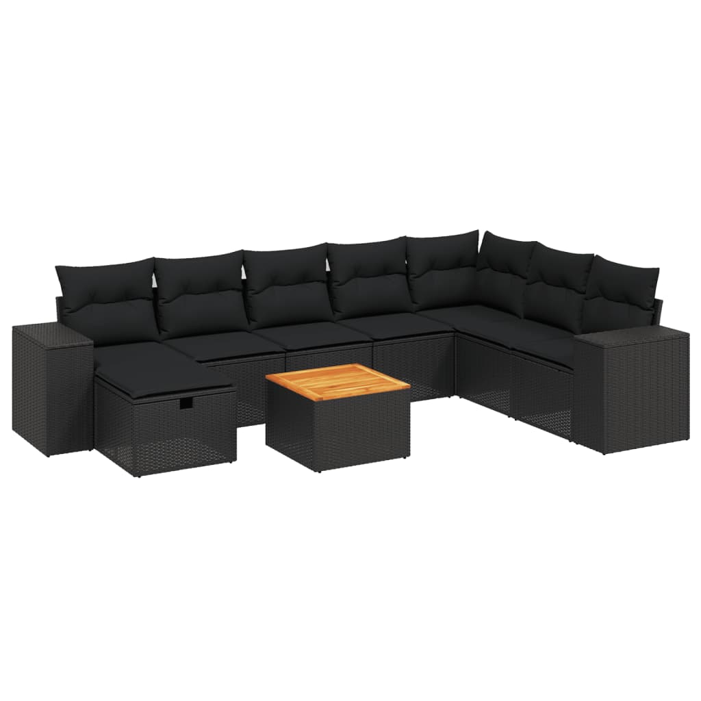 Set mobilier de gradina cu perne, 9 piese, negru, poliratan