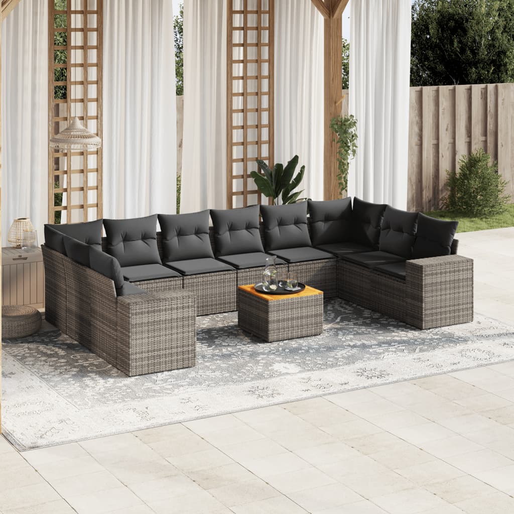 Set canapele de gradina cu perne, 11 piese, gri, poliratan — imaginea 2
