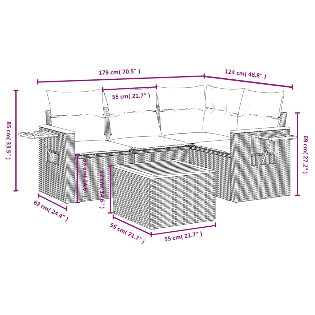 Set mobilier de gradina cu perne, 5 piese, negru, poliratan — imaginea 9