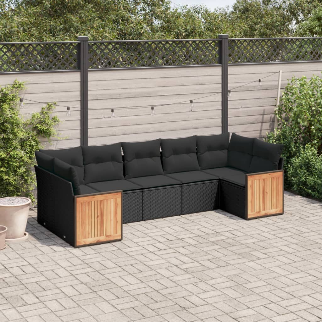Set canapele de gradina cu perne, 7 piese, negru, poliratan — imaginea 2