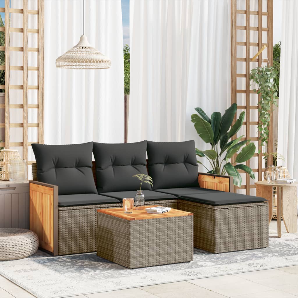 Set canapea de gradina cu perne, 5 piese, gri, poliratan — imaginea 2