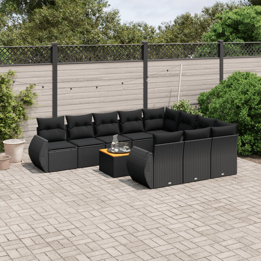Set canapele de gradina cu perne, 11 piese, negru, poliratan — imaginea 2