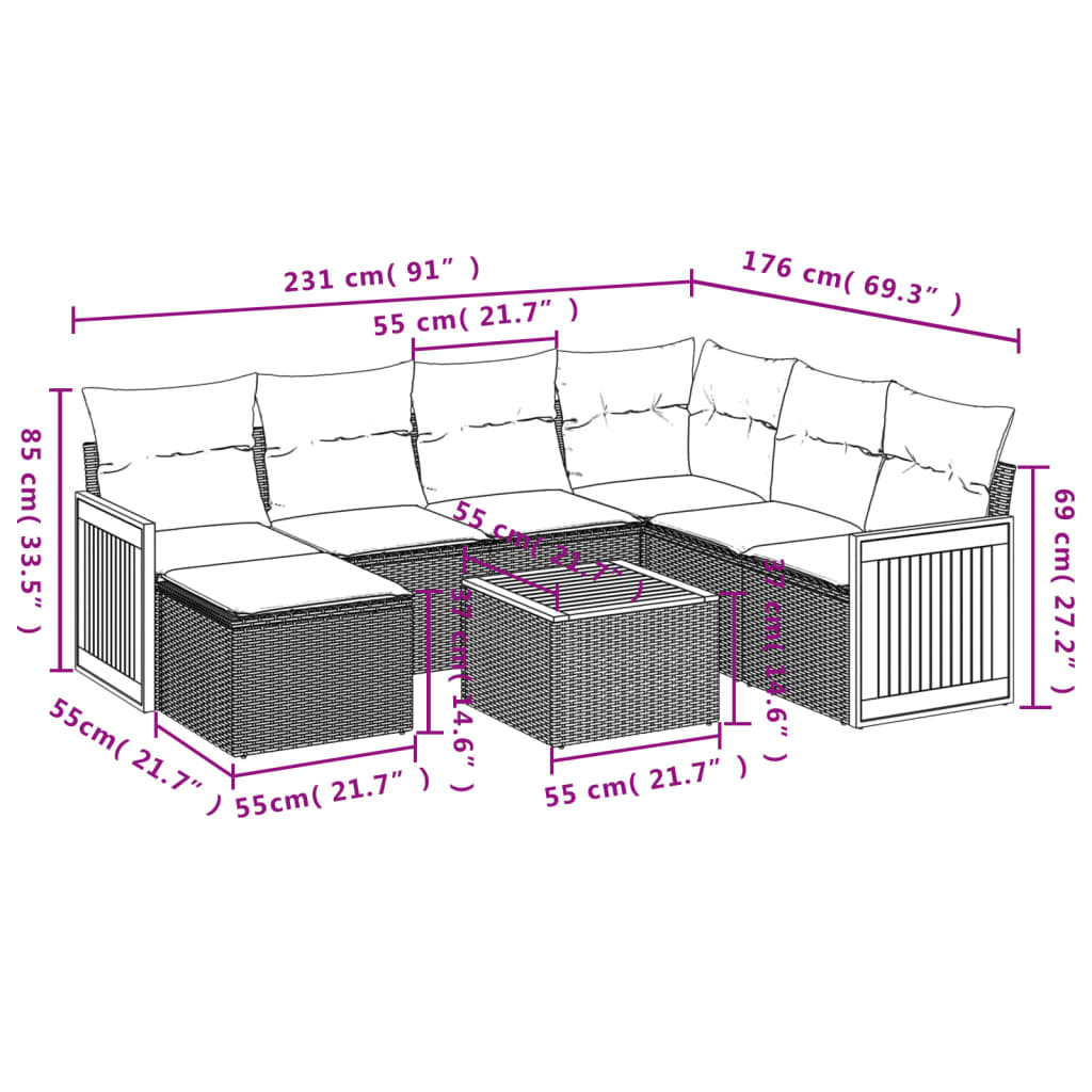 Set canapele de gradina cu perne, 8 piese, gri, poliratan — imaginea 9