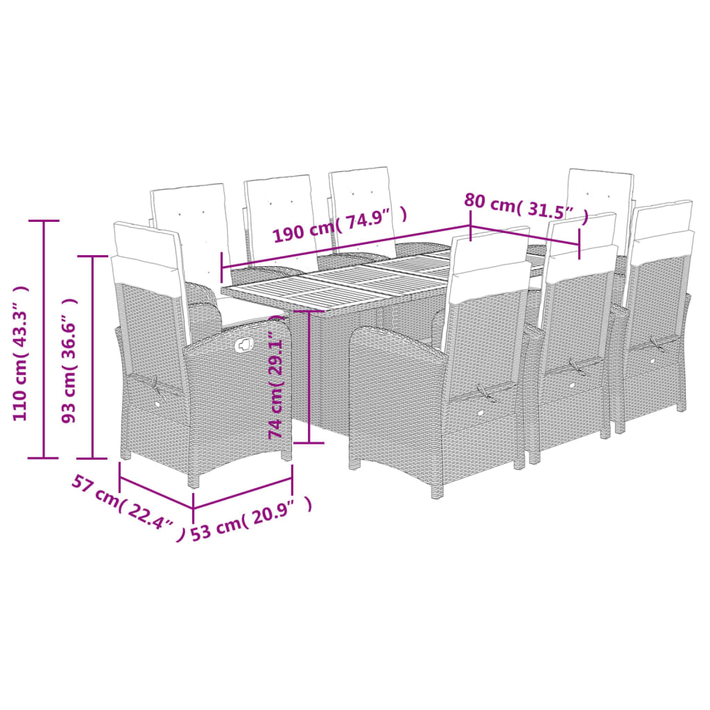 Set de masa pentru gradina, 9 piese, cu perne, bej, poliratan — imaginea 9