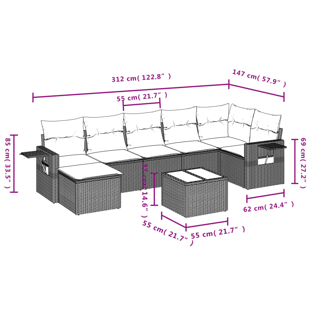 Set mobilier de gradina cu perne, 8 piese, negru, poliratan — imaginea 9