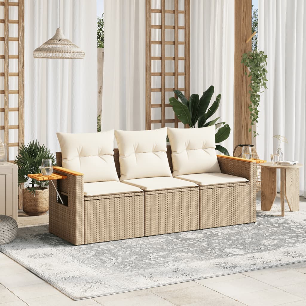 Set canapele de gradina, 3 piese, cu perne, bej, poliratan — imaginea 2