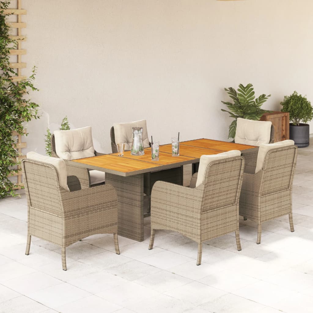 Set de masa pentru gradina, 7 piese, cu perne, bej, poliratan — imaginea 2