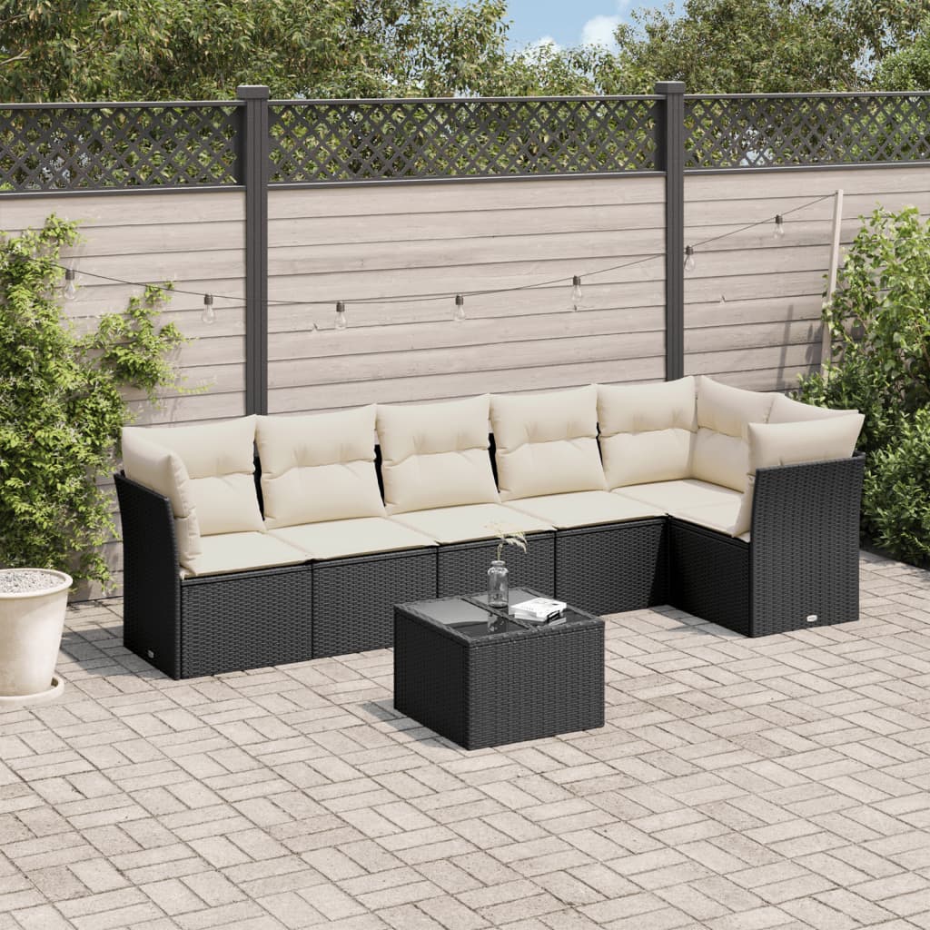 Set canapele de gradina cu perne, 7 piese, negru, poliratan — imaginea 2