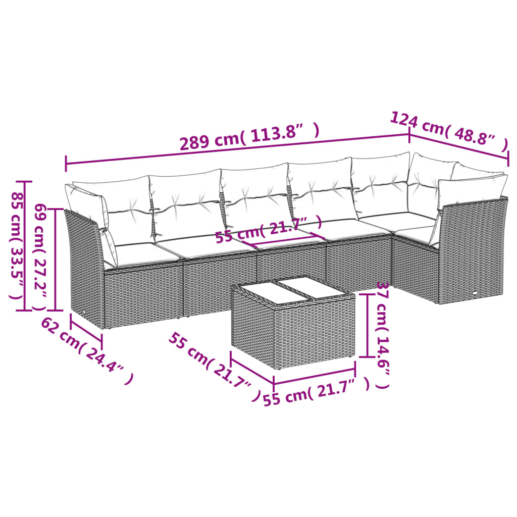 Set canapele de gradina cu perne, 7 piese, negru, poliratan — imaginea 3