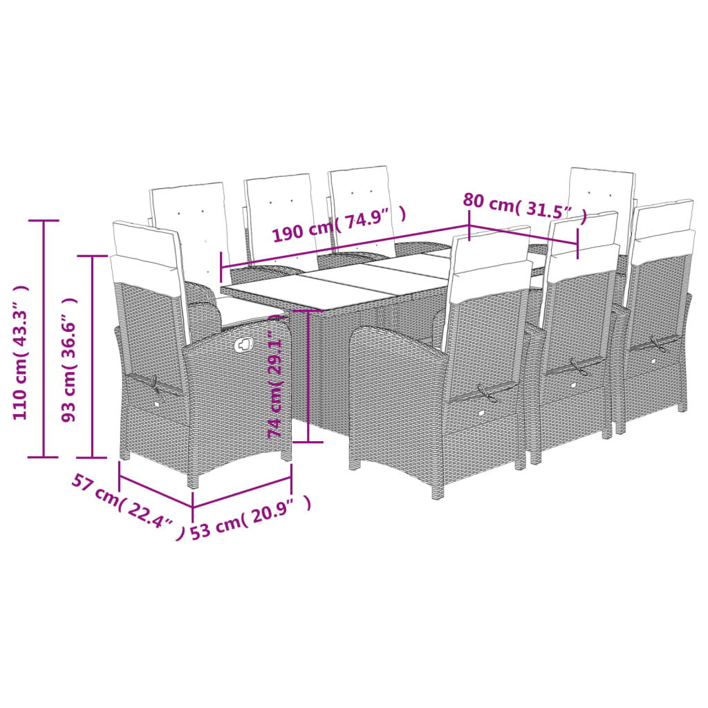 Set mobilier gradina cu perne, 9 piese, gri, poliratan — imaginea 9