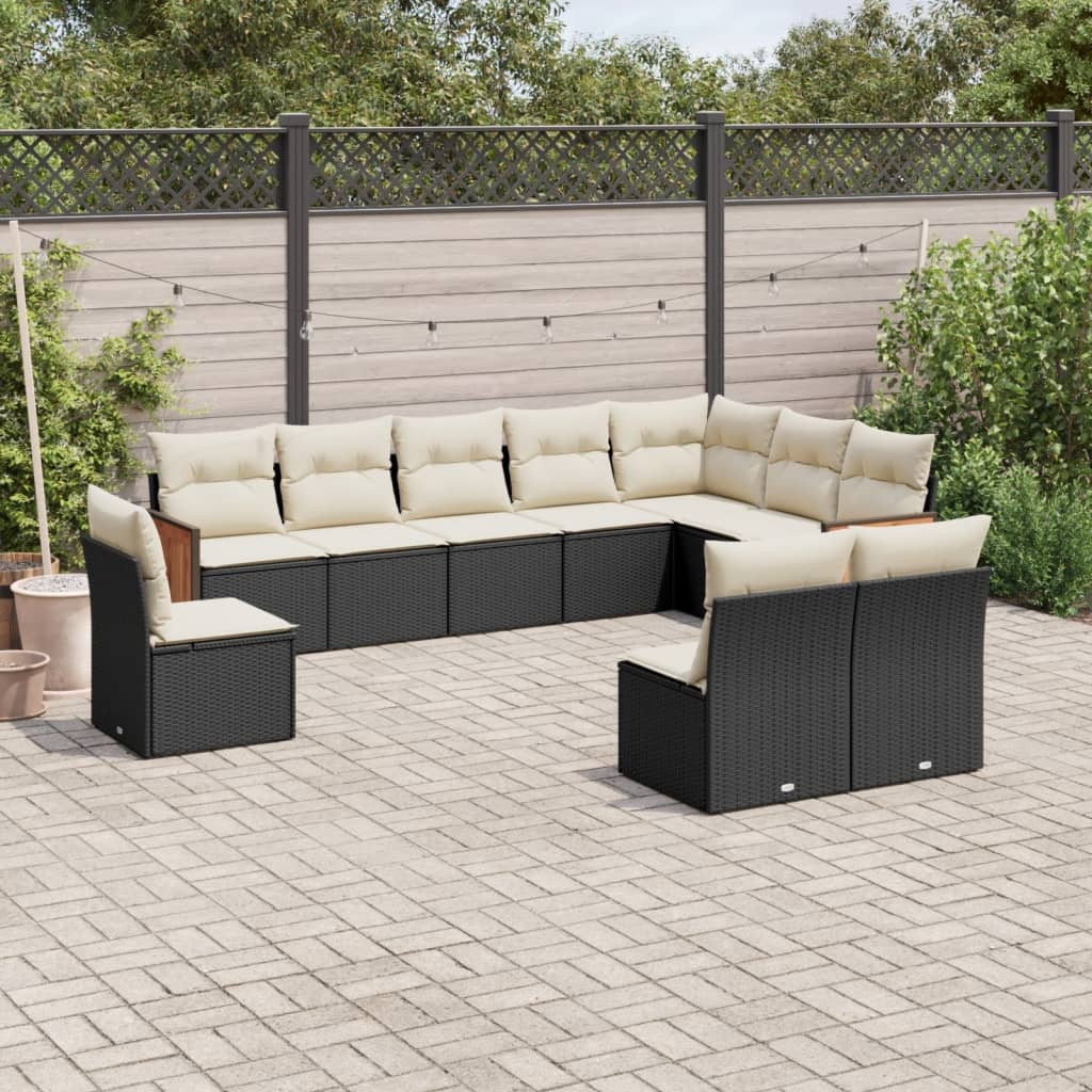 Set canapele de gradina cu perne, 10 piese, negru, poliratan — imaginea 2
