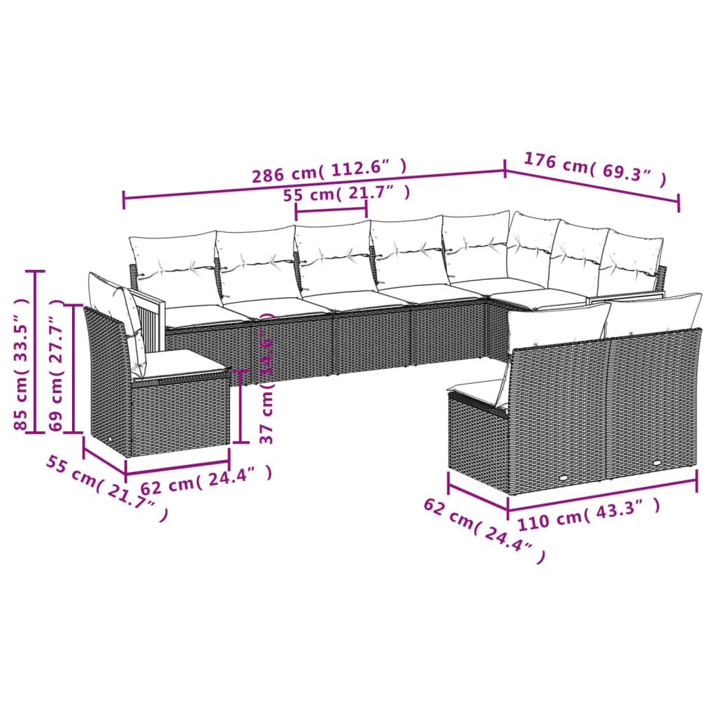 Set canapele de gradina cu perne, 10 piese, negru, poliratan — imaginea 3