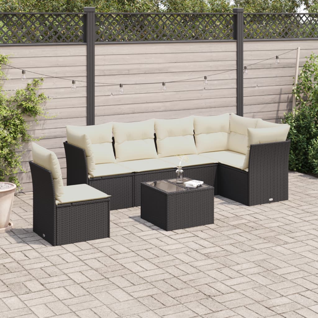 Set canapele de gradina cu perne, 7 piese, negru, poliratan — imaginea 2