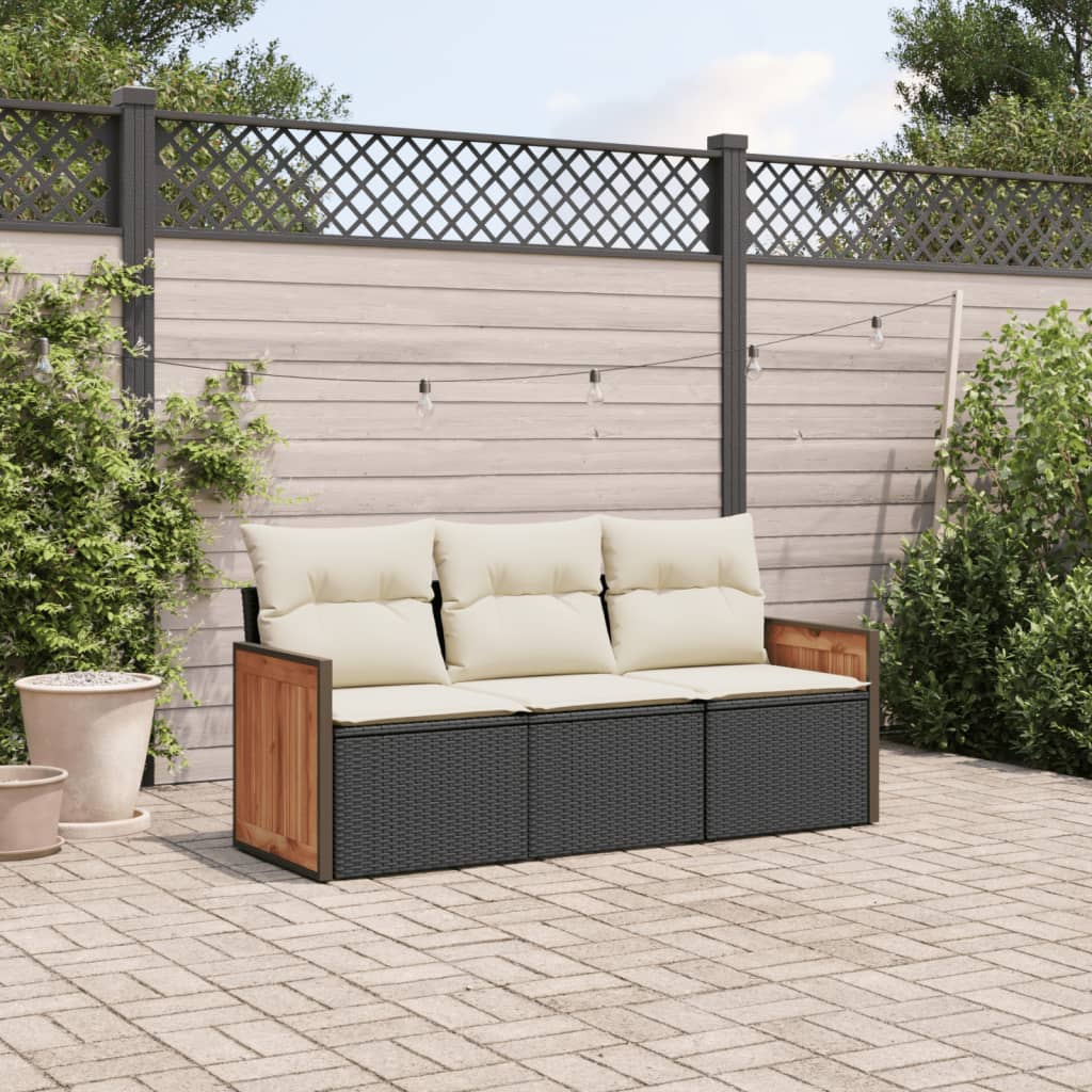 Set mobilier de gradina cu perne, 3 piese, negru, poliratan — imaginea 2