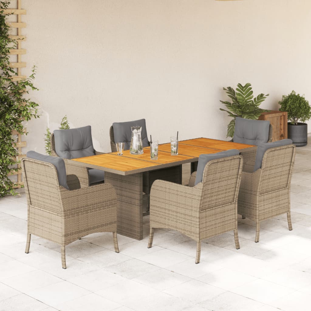 Set de masa pentru gradina, 7 piese, cu perne, bej, poliratan — imaginea 2