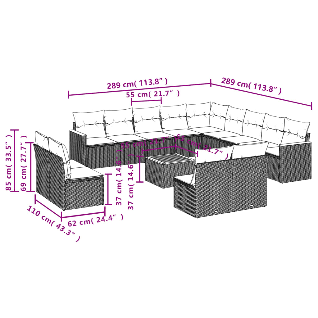 Set mobilier de gradina cu perne, 14 piese, negru, poliratan — imaginea 3
