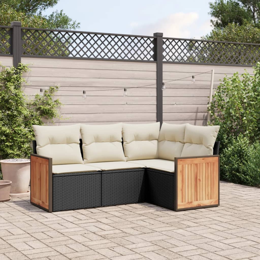 Set mobilier de gradina cu perne, 4 piese, negru, poliratan — imaginea 2