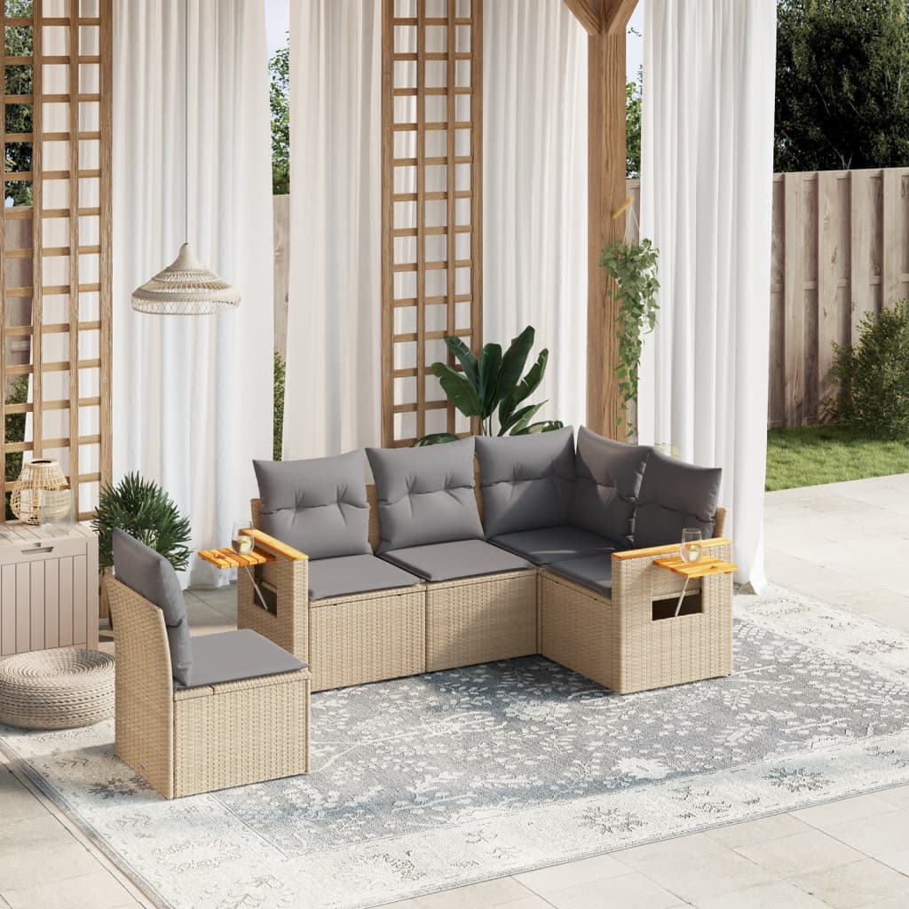 Set canapele de gradina cu perne, 5 piese, bej, poliratan — imaginea 2