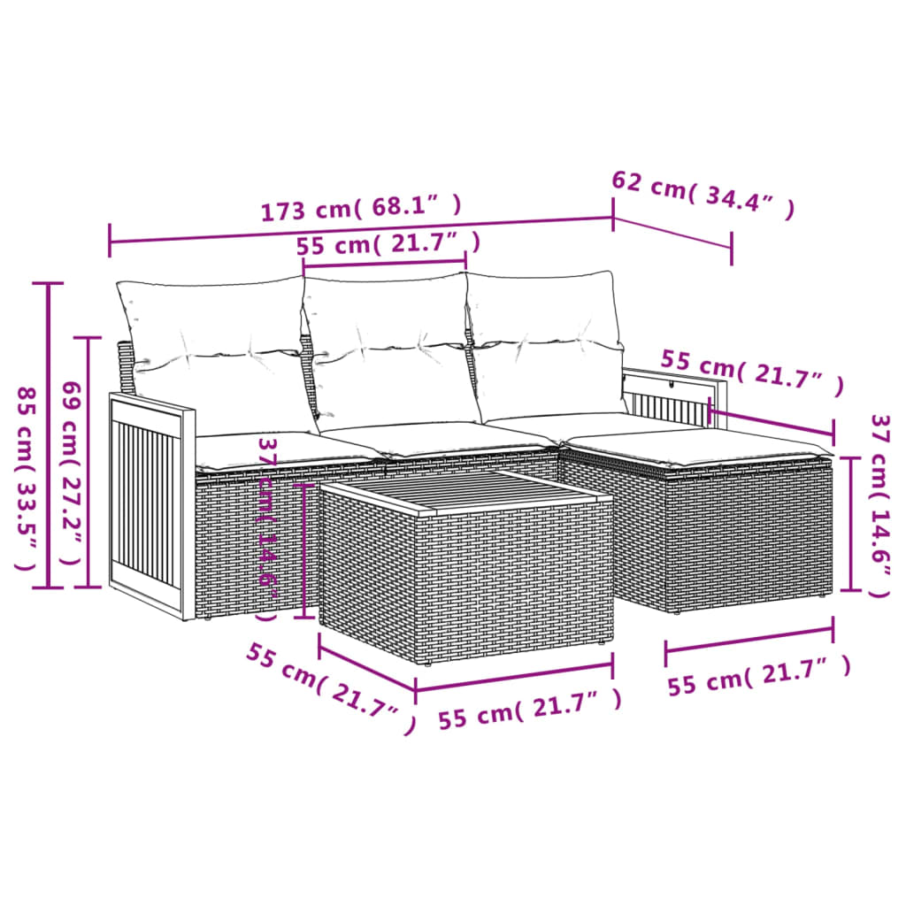 Set mobilier de gradina cu perne, 5 piese, negru, poliratan — imaginea 3