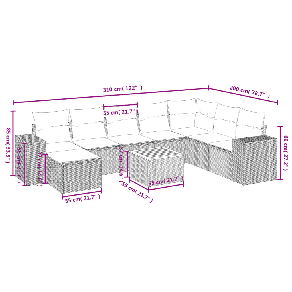 Set mobilier de gradina cu perne, 9 piese, negru, poliratan — imaginea 9