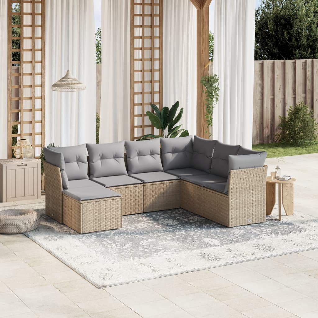 Set canapele de gradina, 7 piese, cu perne, bej, poliratan — imaginea 2