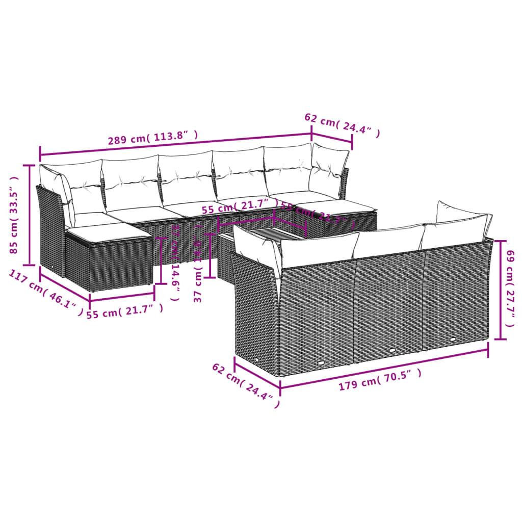 Set canapele de gradina cu perne, 11 piese, gri, poliratan — imaginea 11