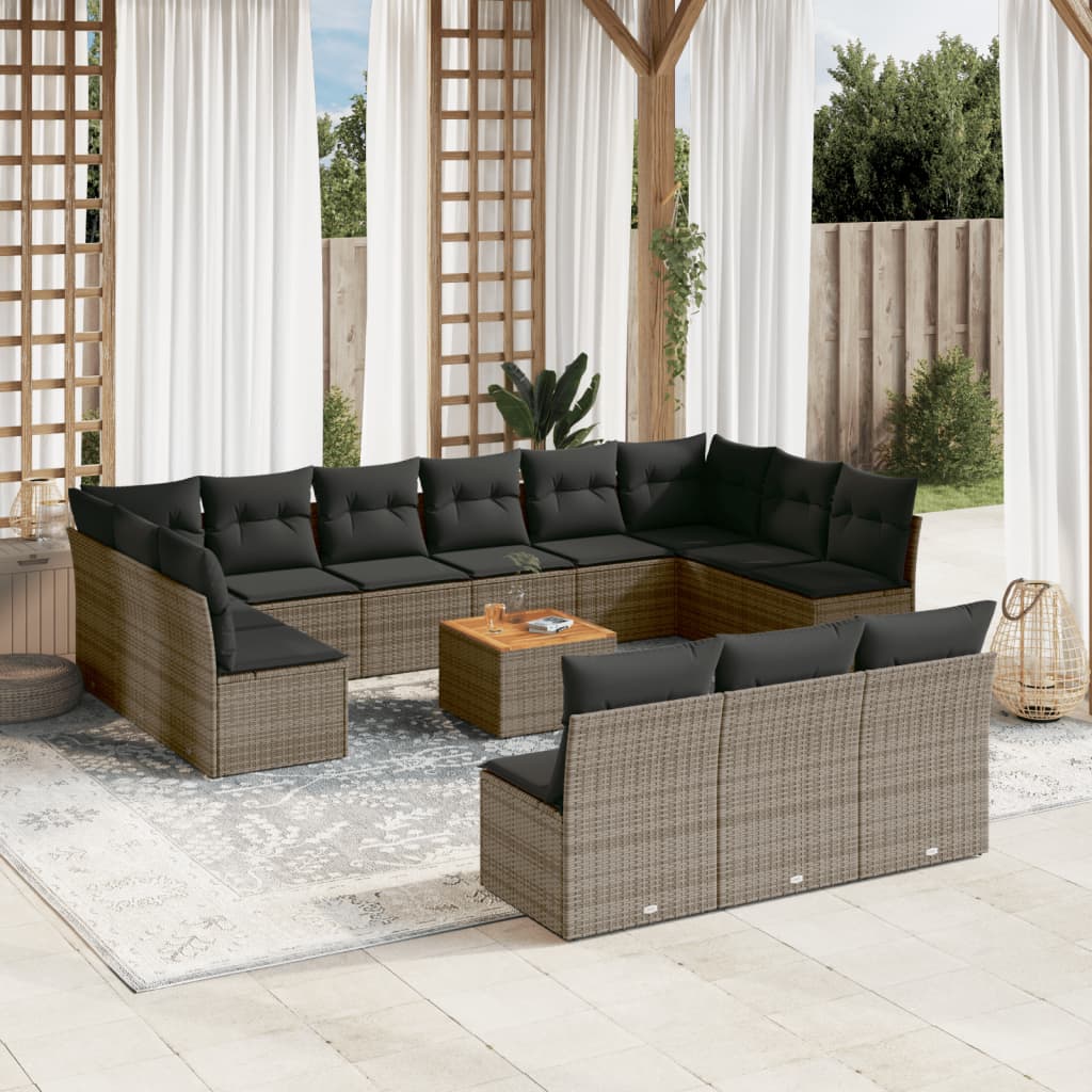 Set mobilier de gradina cu perne, 14 piese, gri, poliratan — imaginea 2