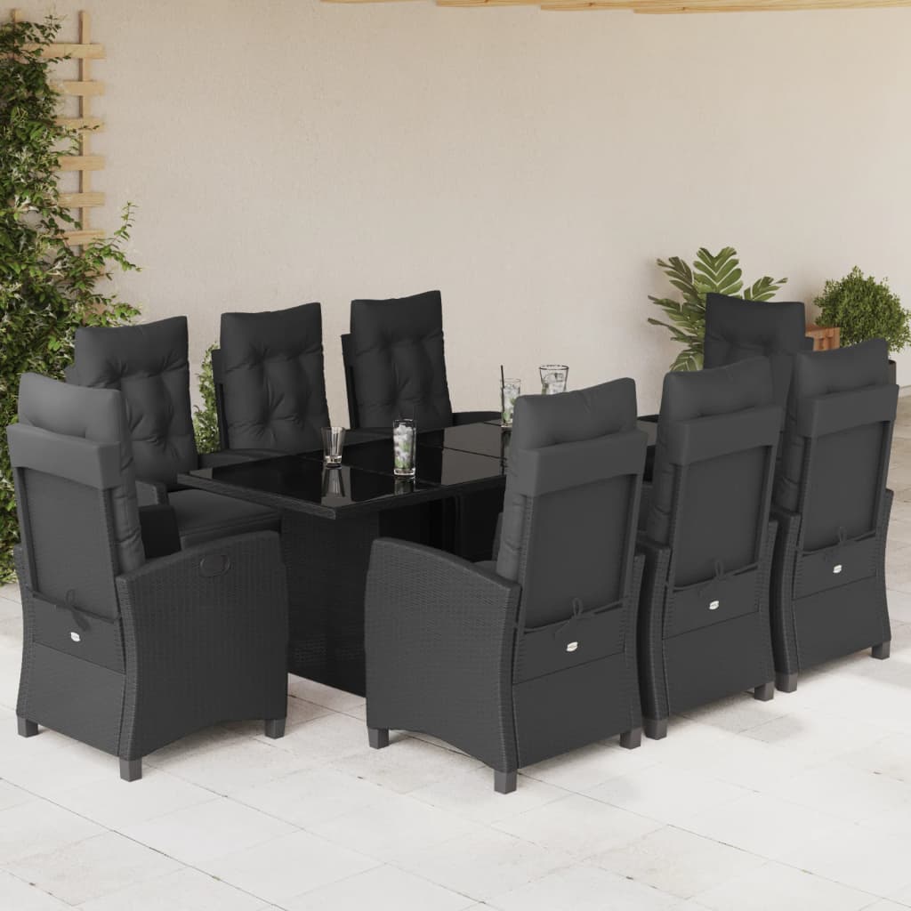 Set mobilier de gradina cu perne, 9 piese, negru, poliratan — imaginea 2