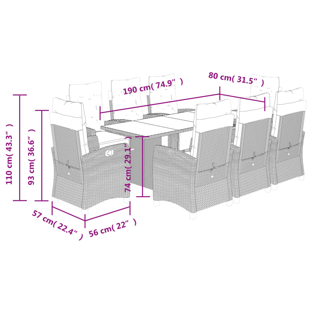 Set mobilier de gradina cu perne, 9 piese, negru, poliratan — imaginea 9